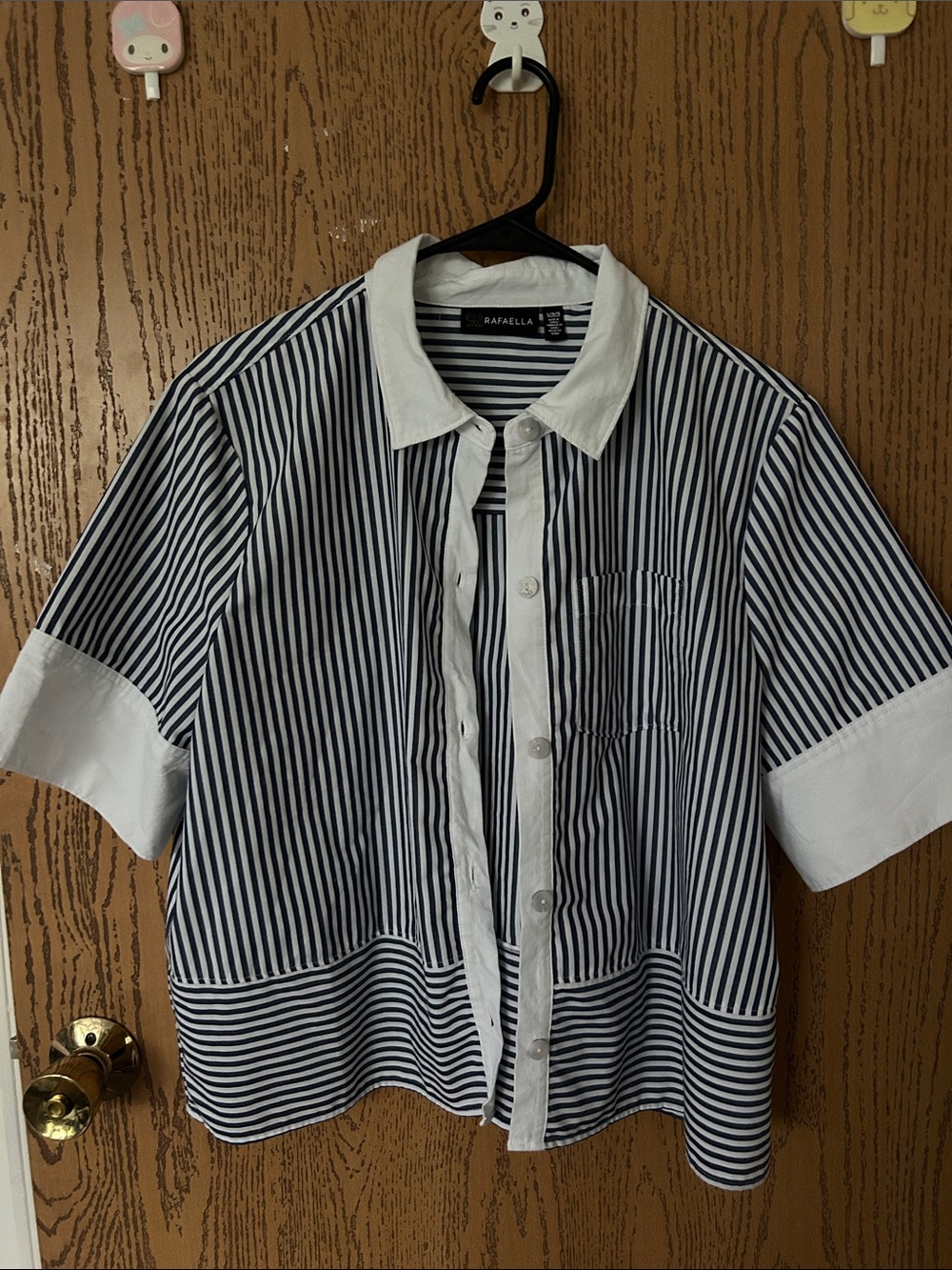 Rafaella Navy & White Striped Short Sleeve Button-Down Shirt
